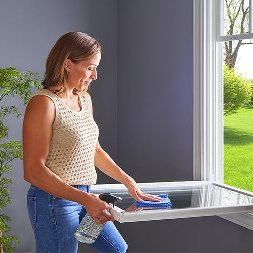 woman cleaning a window